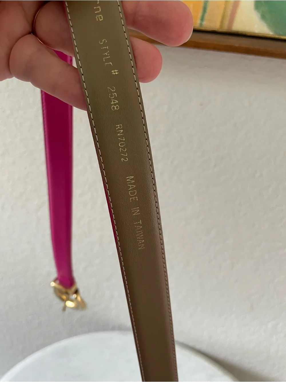 Vintage Liz Claiborne Italy Full Grain Leather Fuchsia Gold Buckle Belt Large